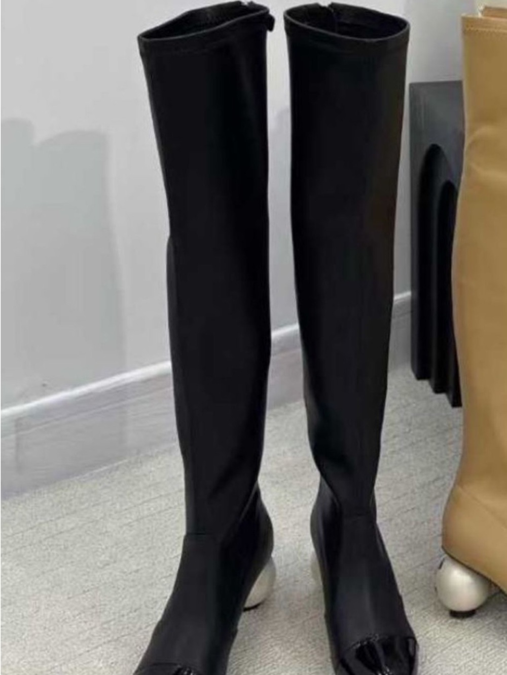 Chanel Women’s Black Knee-High Stretch Boot with Sculpted Heel